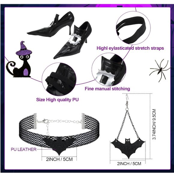 Hillban 5 Pcs Halloween Witch Costume for Women, Black Pointed Ruched Witch Hat - Picture 3 of 5